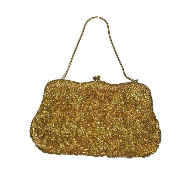 Handmade For Broadway Womens Clutch Purse Gold Beaded Vintage Rope Chain Handle - Picture 2 of 15